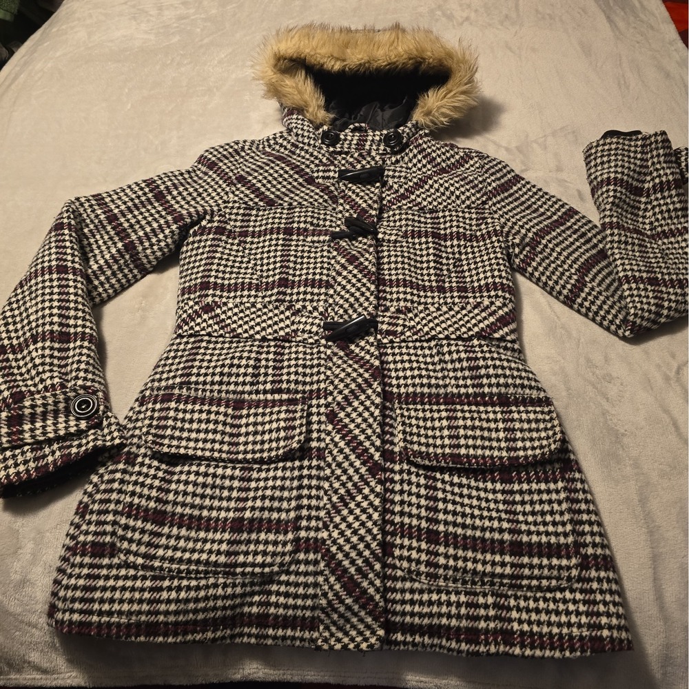 Cocoa Platinum Houndstooth Toggle Wool Coat Faux Fur Hood Women S Snow Cabincore